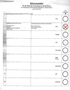 Wahlzettel für den 25.5.2014 Stadtrat Neuss